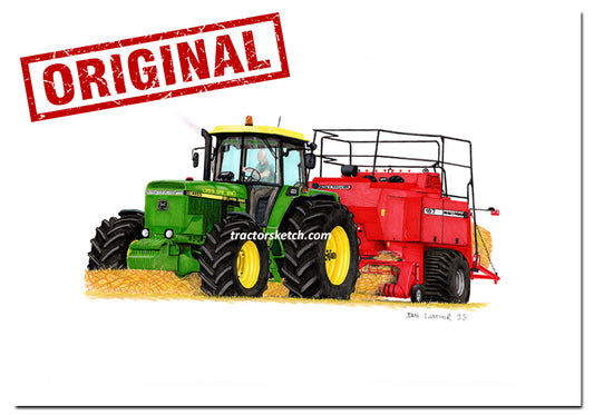 John Deere 4955 Tractor & Massey Ferguson 187 Bailing Straw - Ian Leather Original Sketch