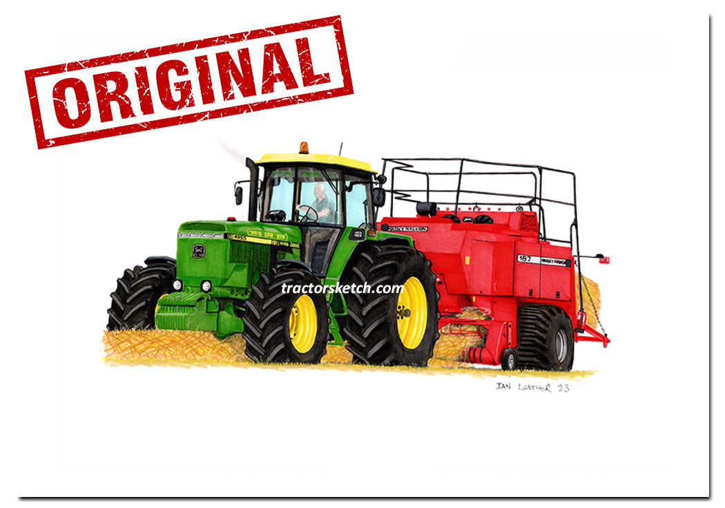 John Deere 4955 Tractor & Massey Ferguson 187 Bailing Straw - Ian Leather Original Sketch