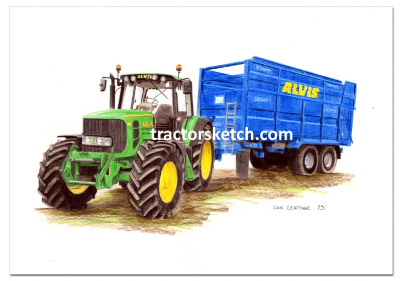 John Deere,6830 & Stewart Silage Trailer, Tractor,  Ian Leather, Tractor Art, Drawing, Illustration, Pencil, sketch, A3,A4