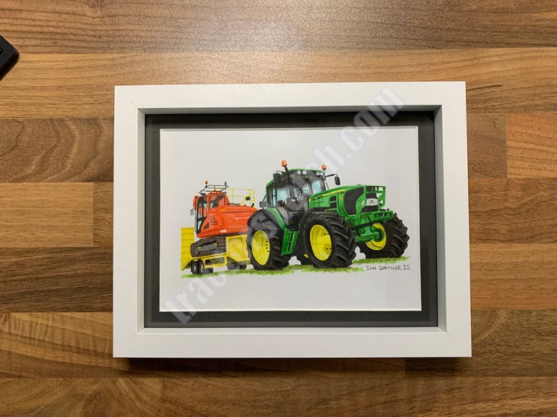 John Deere 6830 Tractor, Low Loader & Excavator artwork - 8"x6" - Ian Leather Original Sketch