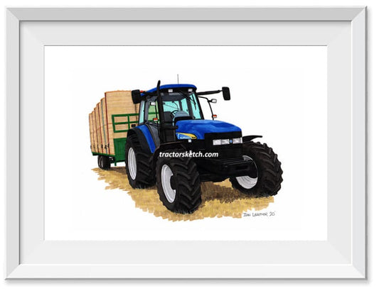 New Holland TM140 Tractor carting round straw Bales