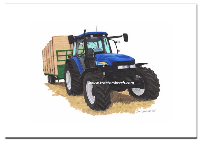 New Holland, TM140, Tractor, Carting Bales, Ian Leather, Tractor Art, Drawing, Illustration, Pencil, sketch, A3,A4