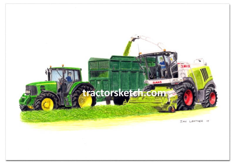 John Deere,6830, Tractor, Bailey Trailer, Ian Leather, Tractor Art, Drawing, Illustration, Pencil, sketch, A3,A4