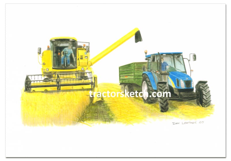 New Holland,Combine,  Tractor,  Ian Leather, Tractor Art, Drawing, Illustration, Pencil, sketch, A3,A4