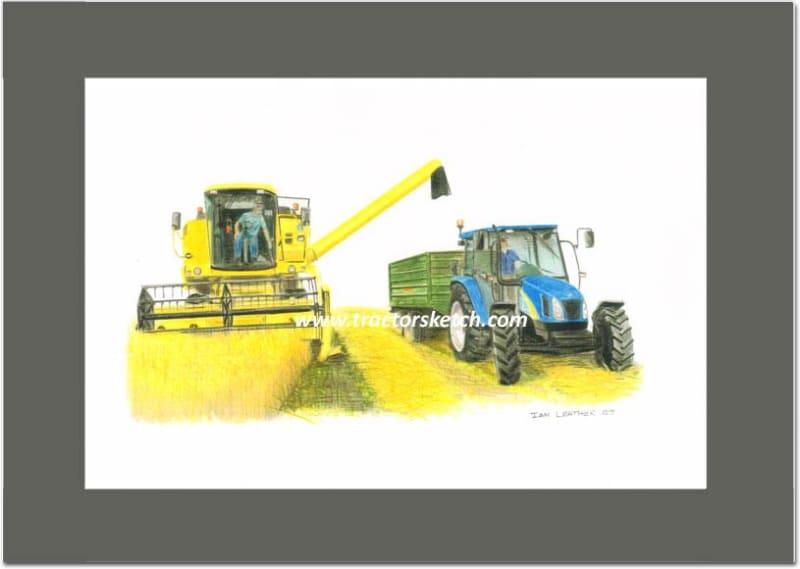 New Holland,Combine,  Tractor,  Ian Leather, Tractor Art, Drawing, Illustration, Pencil, sketch, A3,A4