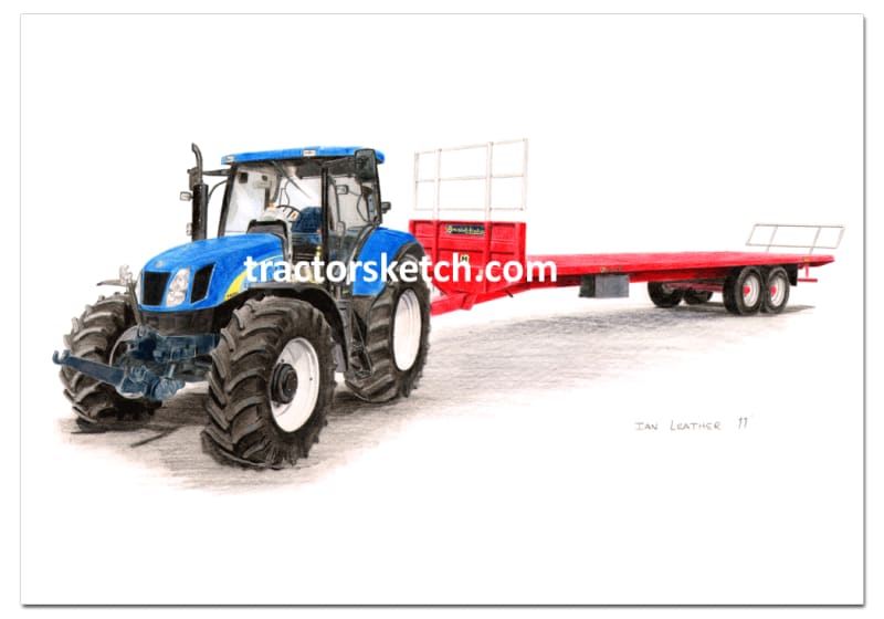 New Holland,T6080 & Marshall Bale Trailer,  Tractor,  Ian Leather, Tractor Art, Drawing, Illustration, Pencil, sketch, A3,A4