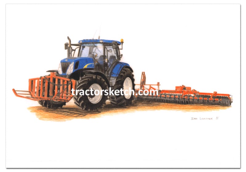 New Holland,T7030 & Vaderstad Rolls,  Tractor,  Ian Leather, Tractor Art, Drawing, Illustration, Pencil, sketch, A3,A4