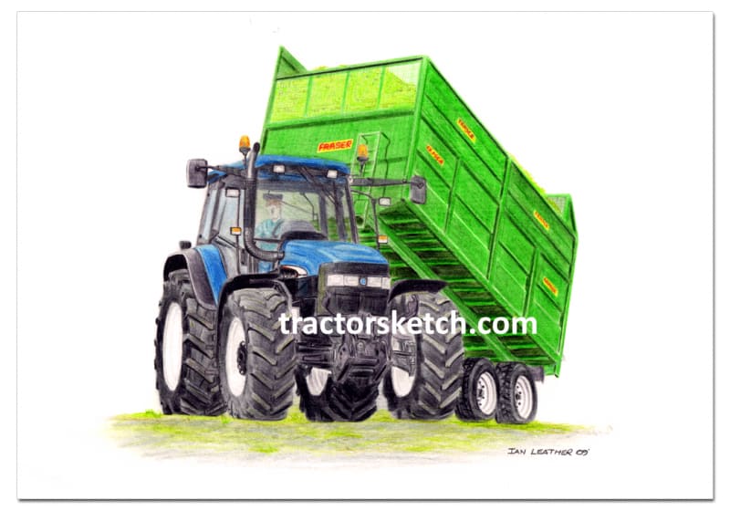 New Holland, TM140 & Fraser Trailer  Tractor,  Ian Leather, Tractor Art, Drawing, Illustration, Pencil, sketch, A3,A4