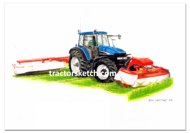 New Holland,TM190 & Kuhn Mowers,  Tractor,  Ian Leather, Tractor Art, Drawing, Illustration, Pencil, sketch, A3,A4