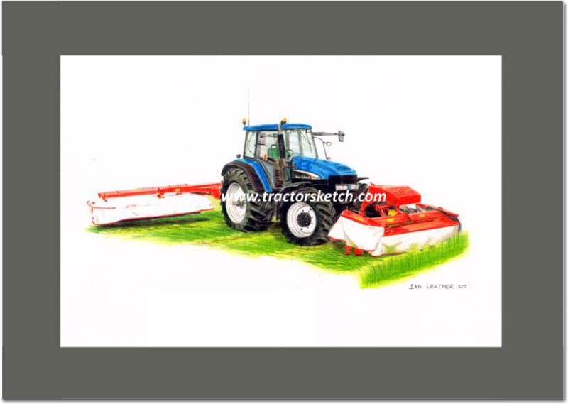 New Holland,TM190 & Kuhn Mowers,  Tractor,  Ian Leather, Tractor Art, Drawing, Illustration, Pencil, sketch, A3,A4