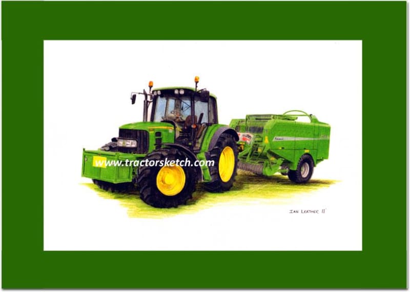 John Deere,6430 & McHale Fusion Baler, Tractor,  Ian Leather, Tractor Art, Drawing, Illustration, Pencil, sketch, A3,A4