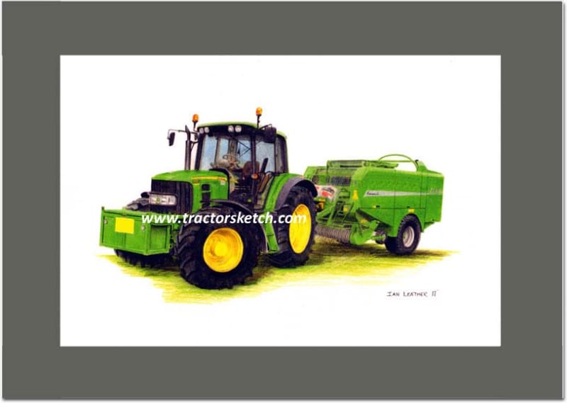 John Deere,6430 & McHale Fusion Baler, Tractor,  Ian Leather, Tractor Art, Drawing, Illustration, Pencil, sketch, A3,A4