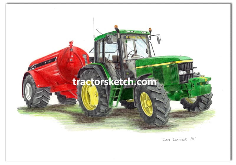 John Deere,6610 & Hi-Spec Slurry Tanker, Tractor,  Ian Leather, Tractor Art, Drawing, Illustration, Pencil, sketch, A3,A4