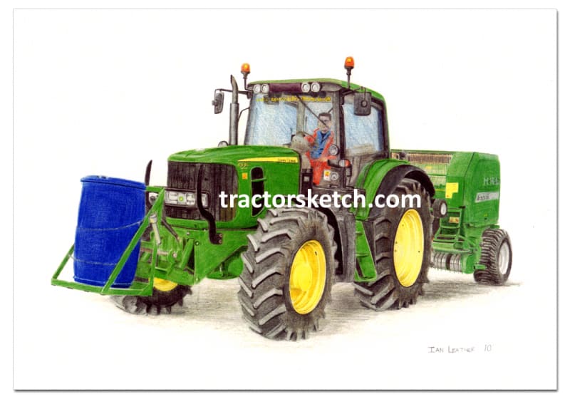 John Deere,6830 & McHale Fusion Baler, Tractor,  Ian Leather, Tractor Art, Drawing, Illustration, Pencil, sketch, A3,A4