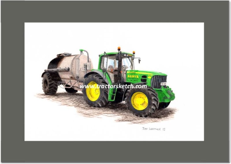 John Deere,6830 Tractor & Slurry Tanker, Tractor,  Ian Leather, Tractor Art, Drawing, Illustration, Pencil, sketch, A3,A4