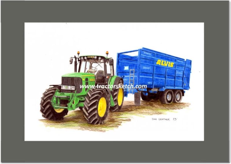 John Deere,6830 Tractor & Stewart Silage Trailer, Tractor,  Ian Leather, Tractor Art, Drawing, Illustration, Pencil, sketch, A3,A4