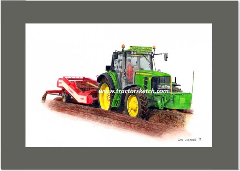 John Deere,6930 & Destoner,Tractor,  Ian Leather, Tractor Art, Drawing, Illustration, Pencil, sketch, A3,A4
