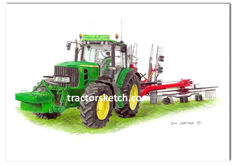 John Deere,6930 4 Rotor Rake, Tractor,  Ian Leather, Tractor Art, Drawing, Illustration, Pencil, sketch, A3,A4