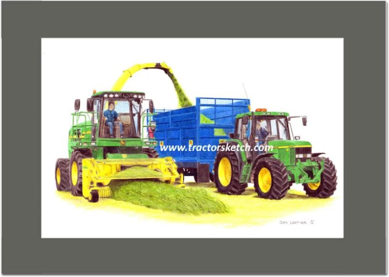 John Deere,7430 Forage Harvester,Tractor,  Ian Leather, Tractor Art, Drawing, Illustration, Pencil, sketch, A3,A4